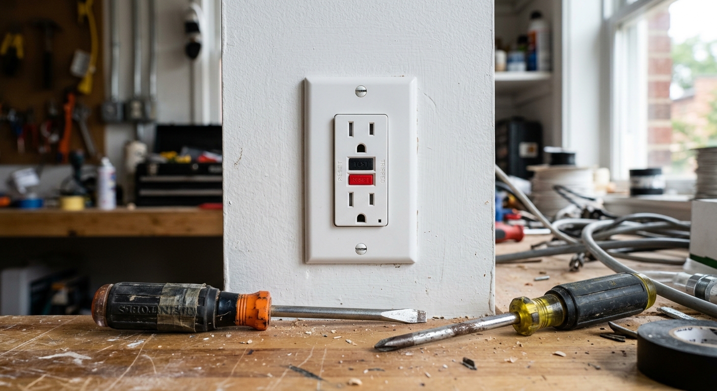 An electrician testing a non-working outlet with a voltage tester in a Minneapolis home to diagnose why it stopped working
